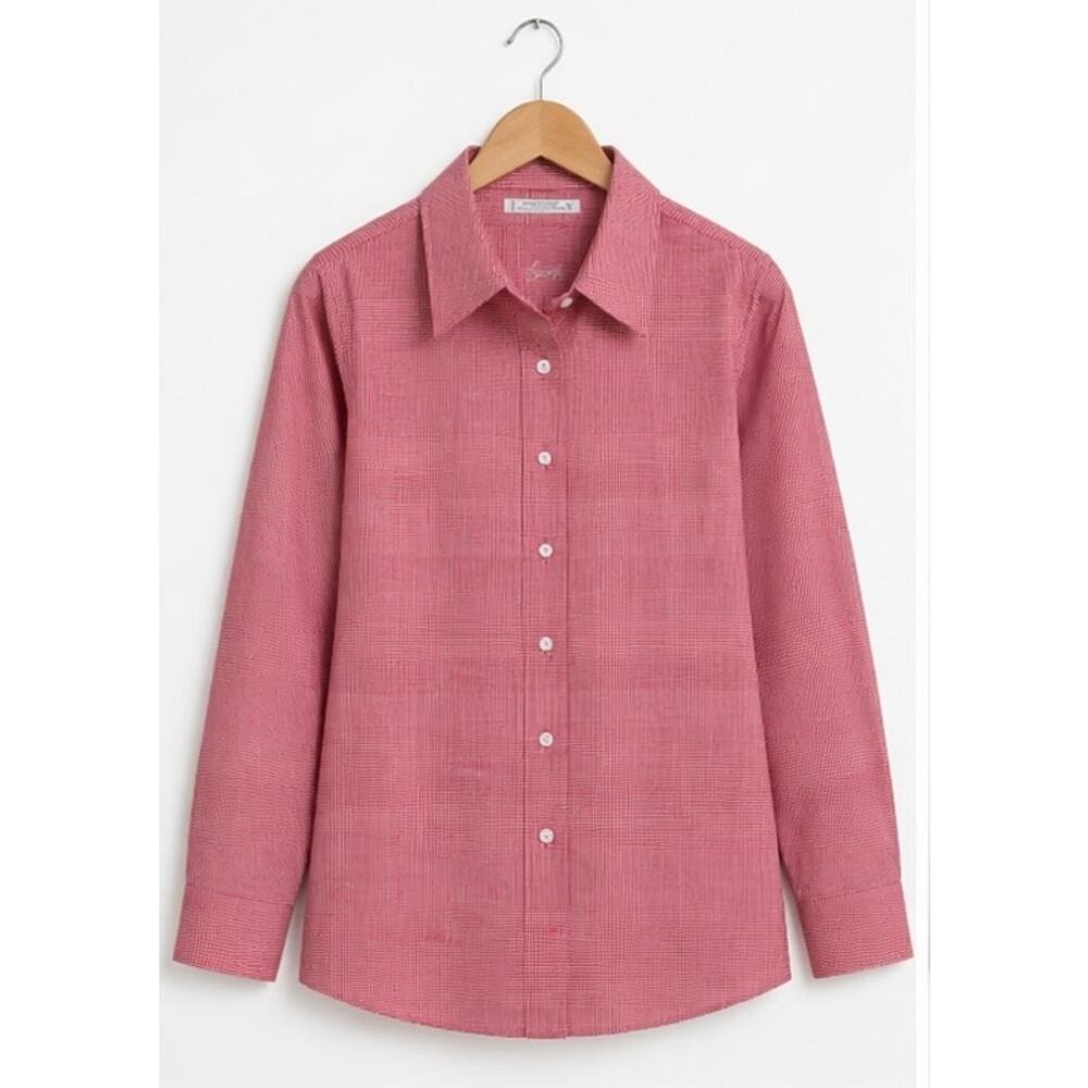 Foxcroft Red White Houndstooth Button Front Shirt Women’s Size 12 Wrinkle Free